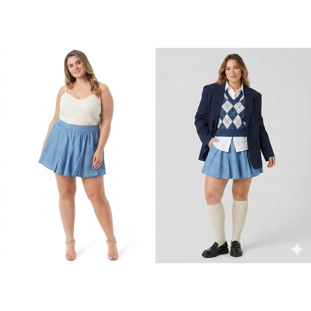 Chambray Skort Mini 2X Blue Smocked Flared Mini Denim Skirt Boho Casual‎ Preppy